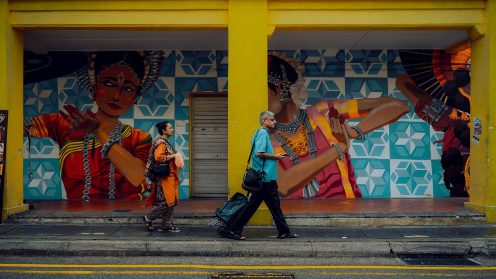 Colourful Art in Transit mural on a Singapore MRT station wall photographed up close